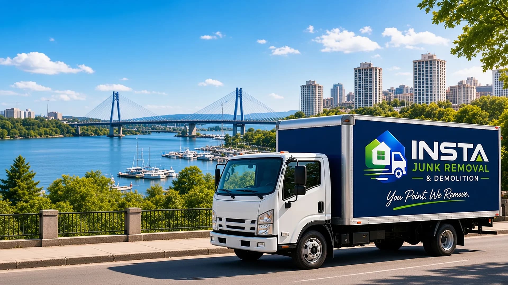 INSTA Junk Removal truck near the Eastern Shore waterfront