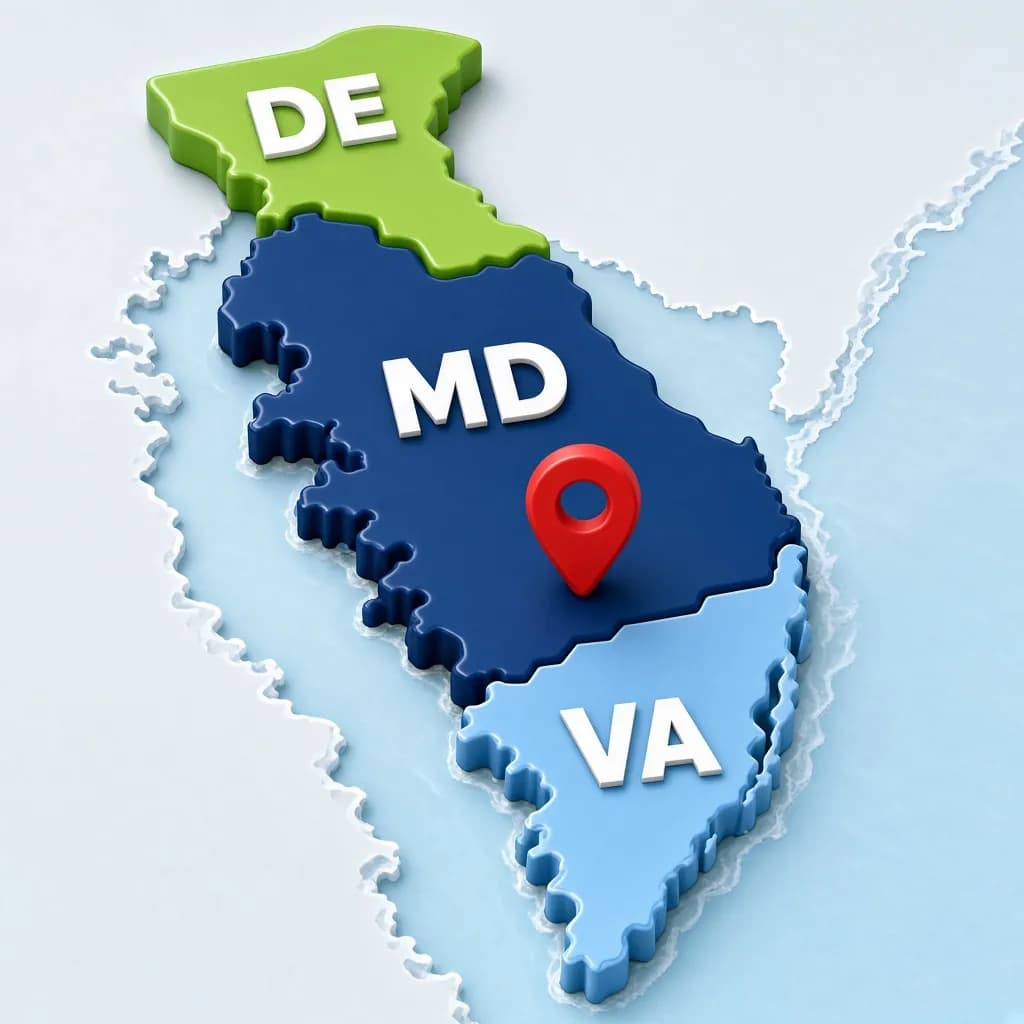Illustrated map of Delaware, Maryland and Virginia's Eastern Shore with a pin on Salisbury