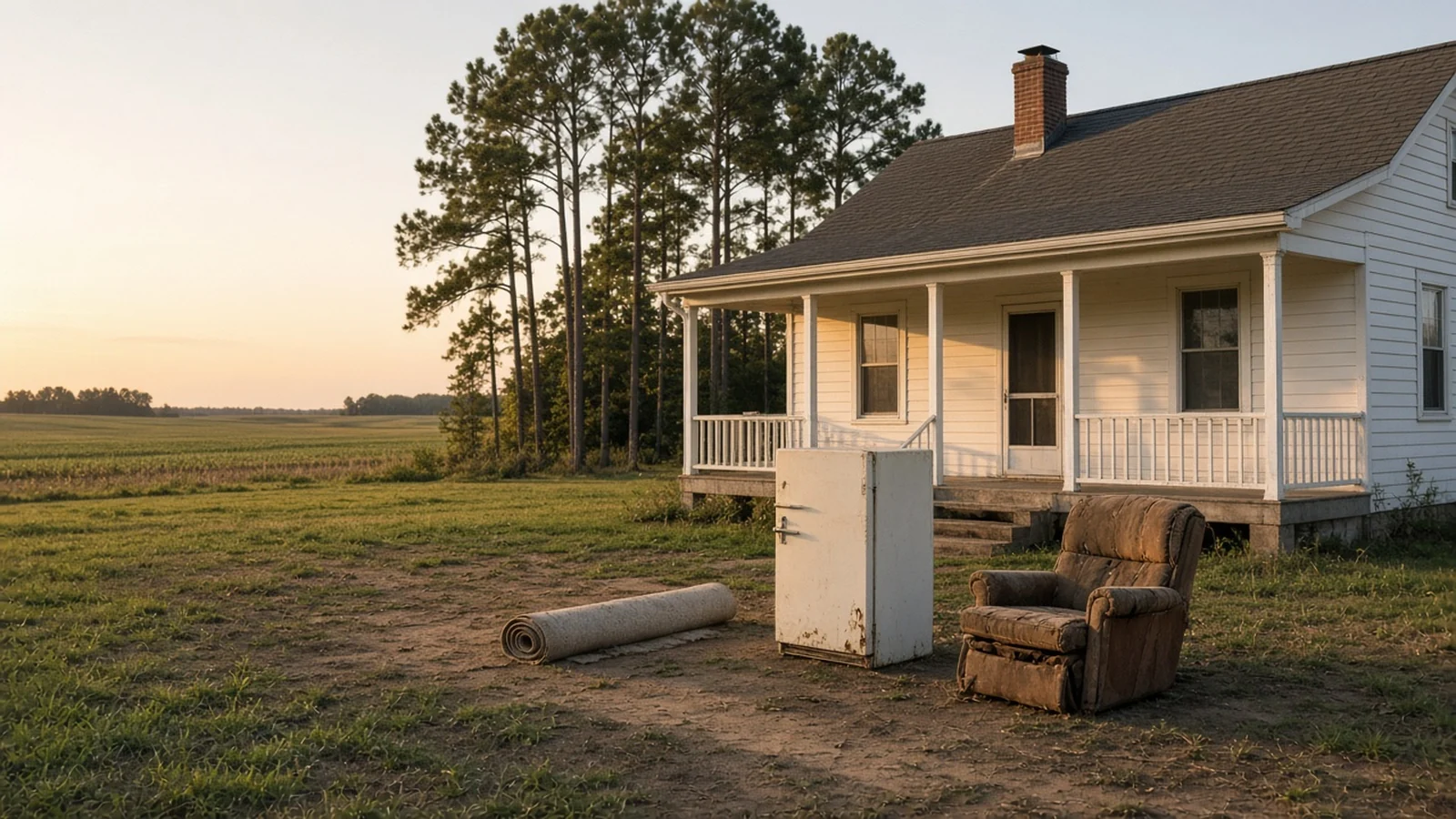 Old refrigerator, rolled carpet and recliner outside an Eastern Shore farmhouse (illustration)