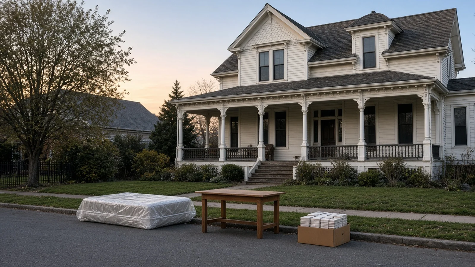 Bagged mattress, table and a box of items at the curb of a Victorian home in Berlin, MD (illustration)