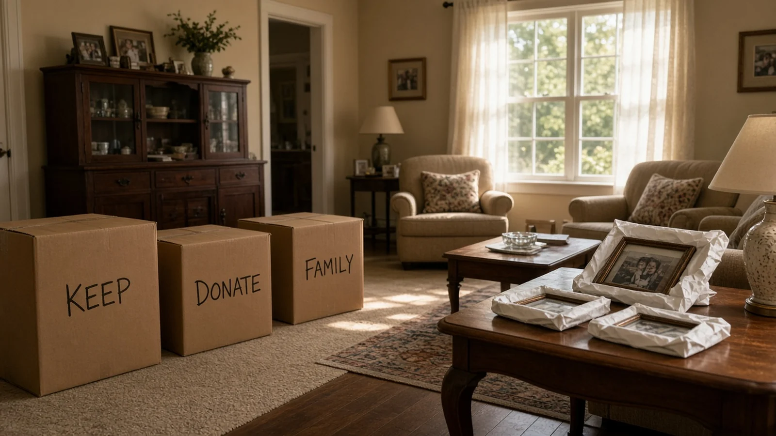 Living room during an estate cleanout with boxes labeled keep, donate and family (illustration)