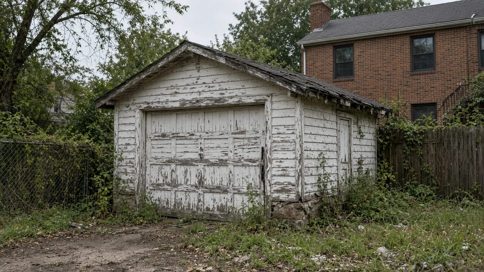 Old detached wooden garage with peeling paint behind a brick home (illustration)