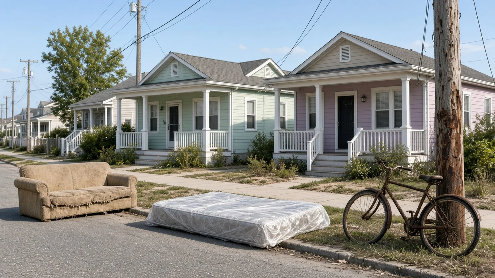 Old sofa, wrapped mattress and bicycle at the curb on an Ocean City, MD street (illustration)