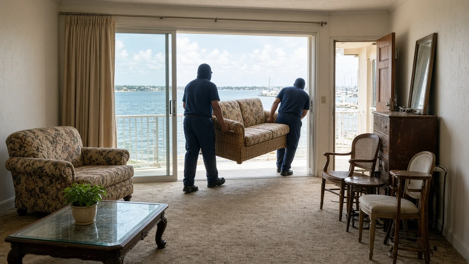 Crew carrying an old wicker sofa out of a bayfront condo (illustration)