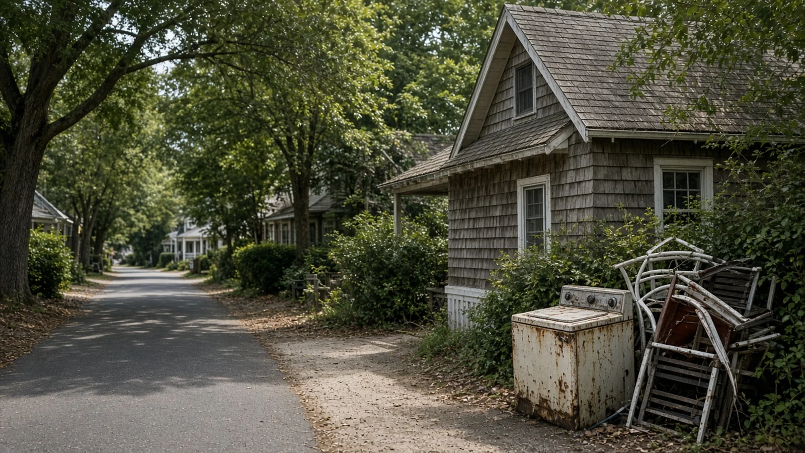 Old washing machine and broken patio furniture beside a cedar-shingle cottage (illustration)