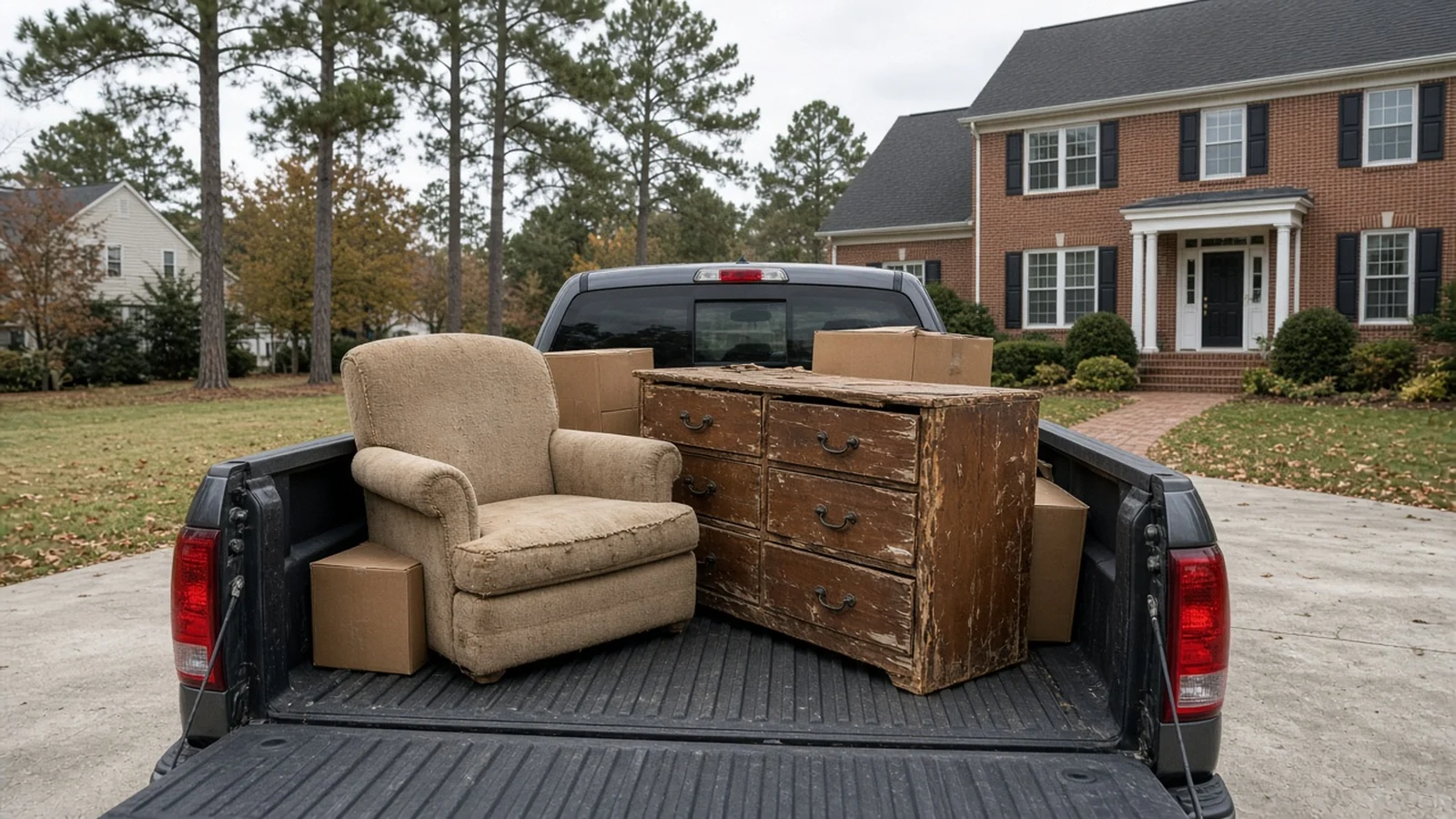 Pickup truck loaded with an old armchair and dresser in a Salisbury, MD driveway (illustration)