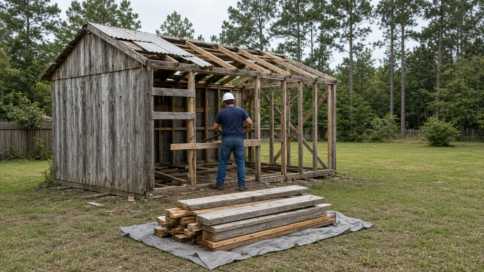 Worker dismantling an old wooden shed with lumber stacked on a tarp (illustration)