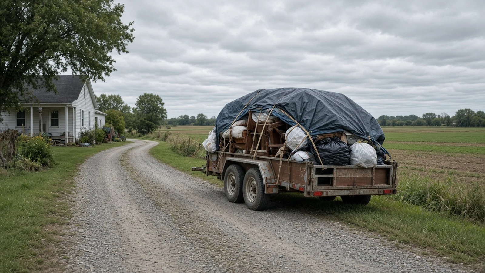 Tarped trailer loaded with household junk on a rural Sussex County lane (illustration)